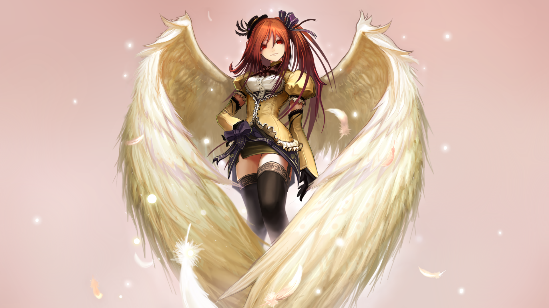 Anime-style angel from Aquarian Age with large glowing wings, red hair, and detailed outfit, set against a soft pink background in HD desktop wallpaper quality.