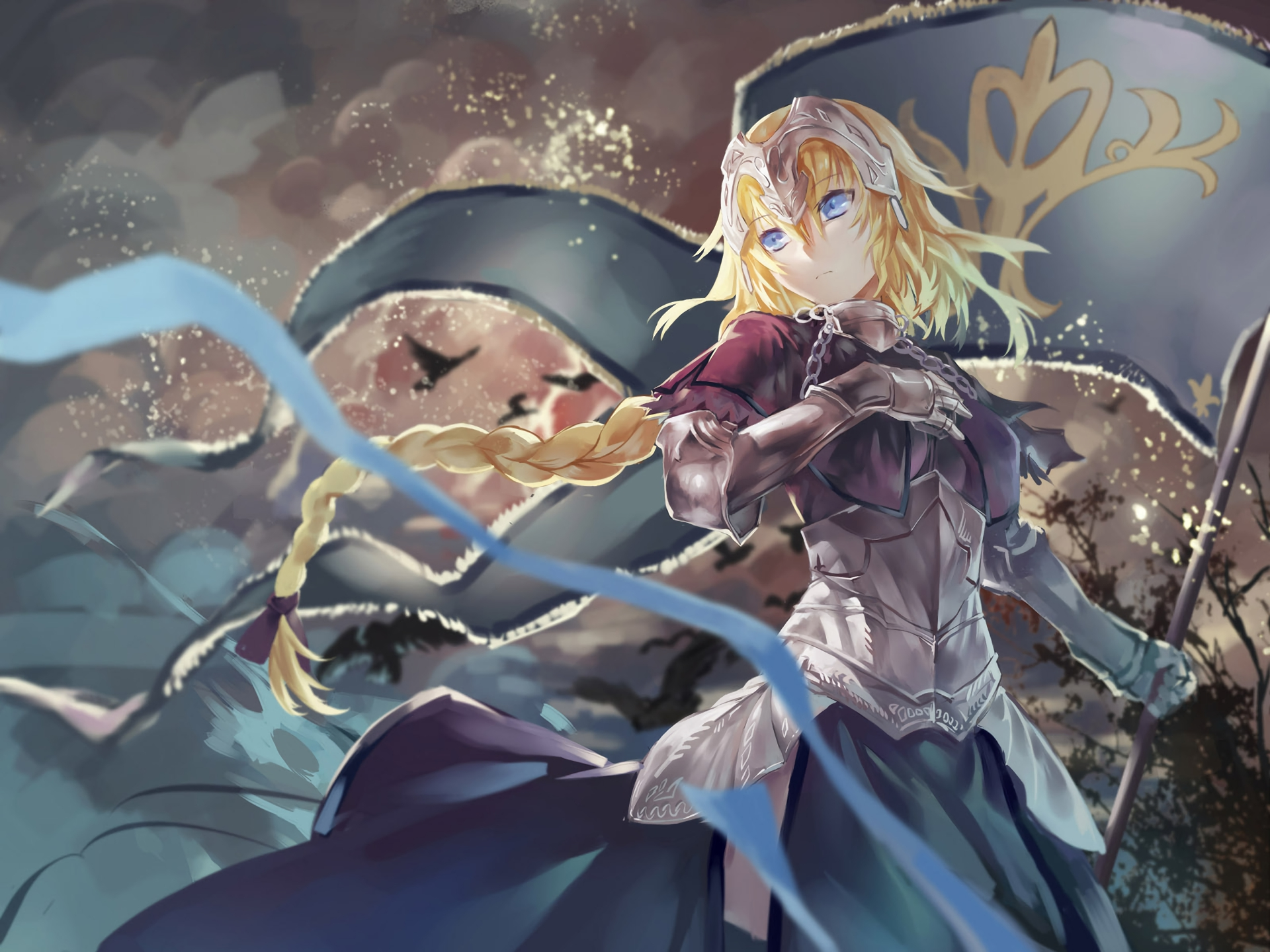 HD desktop wallpaper featuring Jeanne d'Arc from Fate/Grand Order. The image shows a blonde woman warrior with blue eyes and a braid, clad in armor, with a dramatic, cloudy sky backdrop.