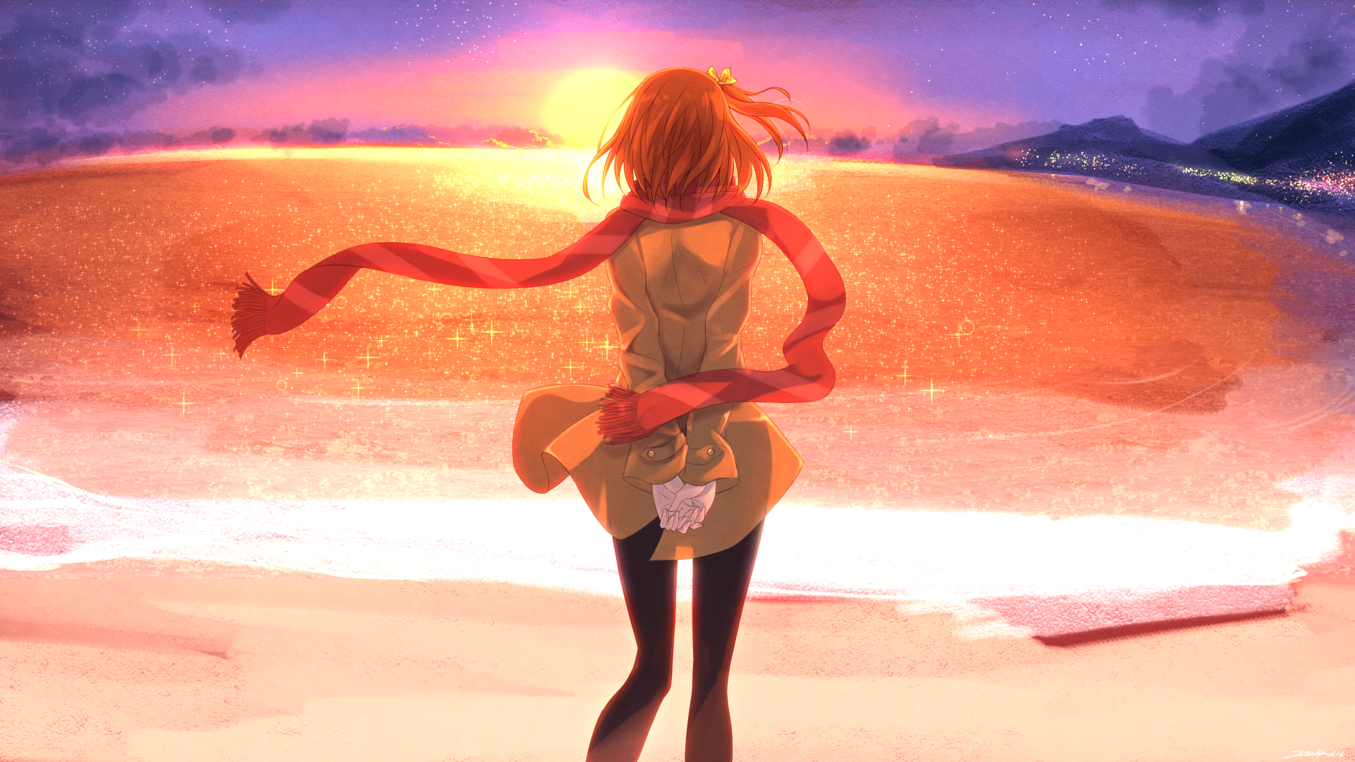 HD PC desktop wallpaper featuring Honoka Kousaka from Love Live! standing on a beach at sunset, with vibrant orange and purple hues illuminating the sky and ocean.