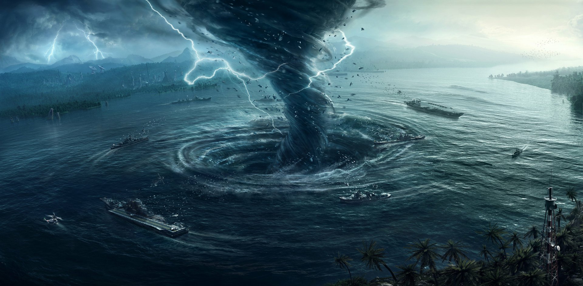 A dramatic apocalyptic scene shows an aircraft carrier and boats near a massive ocean tornado under stormy skies in a sci-fi HD desktop wallpaper background.