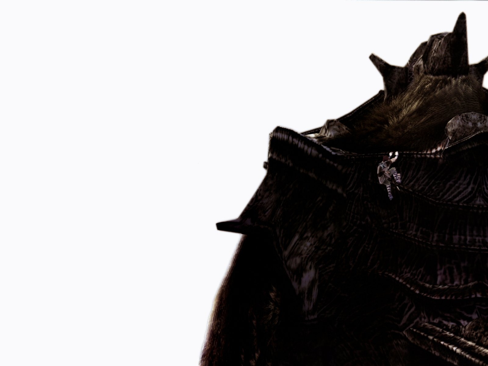 HD PC wallpaper from the video game Shadow of the Colossus, featuring a climber scaling a massive, dark colossus against a stark white background.