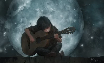 A child sits serenely, playing a guitar under a luminous moon, creating an artistic and enchanting atmosphere. This HD wallpaper captures a moment of tranquility and creativity.