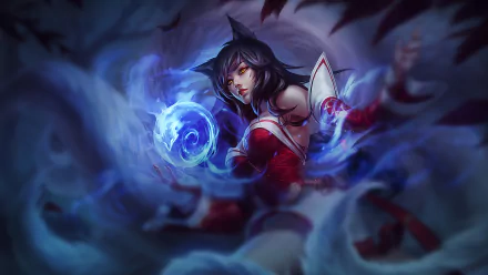 HD PC desktop wallpaper featuring Ahri from the video game League of Legends, showcasing her casting a mystical orb with dynamic blue energy around her.