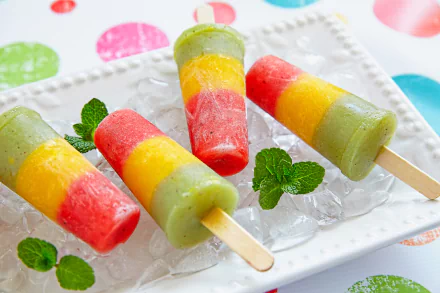 Colorful layered fruit ice pops sit on ice, showcasing refreshing summer flavors. This vibrant image captures the essence of ice cream and seasonal treats.