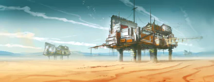HD sci-fi desktop wallpaper featuring futuristic buildings elevated above a vast desert landscape under a cloudy sky.