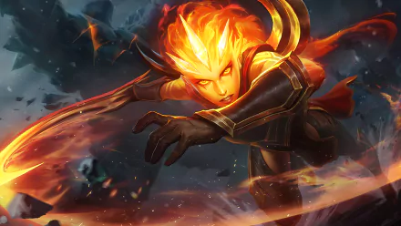 Dynamic HD wallpaper featuring Diana from League of Legends, set in Targon, showcasing her fiery powers and striking pose amidst an intense backdrop.