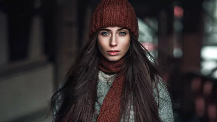 brunette hat blue eyes scarf woman model HD Desktop Wallpaper | Background Image