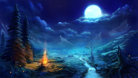 A serene winter landscape features a glowing campfire by a winding stream, surrounded by snow-dusted trees under a luminous moon and dramatic clouds, creating an artistic HD background.