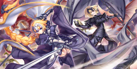 HD desktop wallpaper featuring Jeanne d'Arc from the Fate series, showcasing dynamic anime art from Fate/Grand Order, with Jeanne in powerful poses against a dramatic backdrop.
