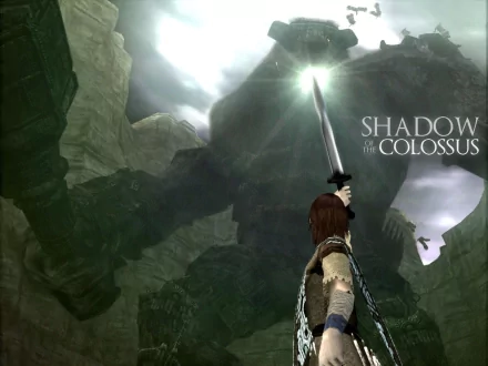A character from Shadow of the Colossus brandishes a glowing sword facing a towering colossus in this HD desktop wallpaper and background.