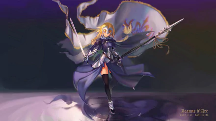 HD desktop wallpaper featuring Jeanne d'Arc from Fate/Grand Order. This anime artwork showcases the character Ruler in an action pose, holding weapons with a billowing banner in the background.
