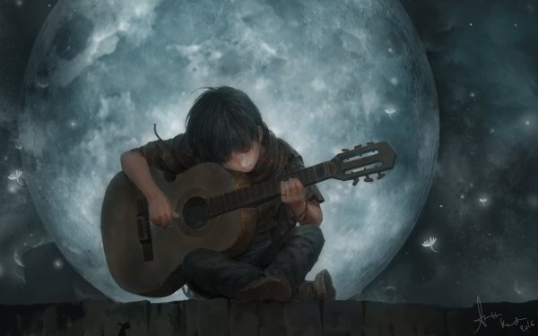 Artistic Child Guitar Moon HD Wallpaper | Background Image