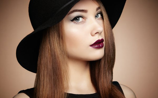 Women Model Close-Up Hat Lipstick Blue Eyes Brunette HD Wallpaper | Background Image