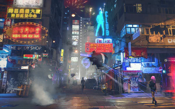 A futuristic city at night, illuminated by vibrant neon lights. A drone hovers above a bustling street filled with tall buildings and a mysterious figure walking through the scene.
