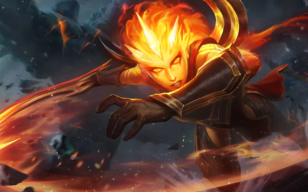 Dynamic HD wallpaper featuring Diana from League of Legends, set in Targon, showcasing her fiery powers and striking pose amidst an intense backdrop.