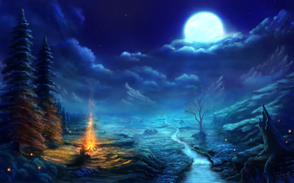 A serene winter landscape features a glowing campfire by a winding stream, surrounded by snow-dusted trees under a luminous moon and dramatic clouds, creating an artistic HD background.
