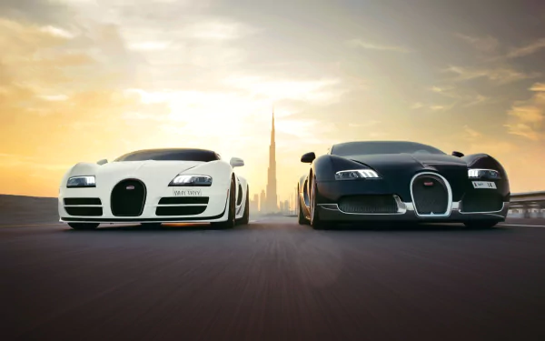 A striking HD wallpaper featuring a white and black Bugatti Veyron supercar, set against a sunset backdrop with a city skyline.