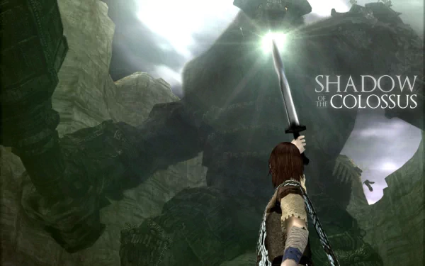A character from Shadow of the Colossus brandishes a glowing sword facing a towering colossus in this HD desktop wallpaper and background.