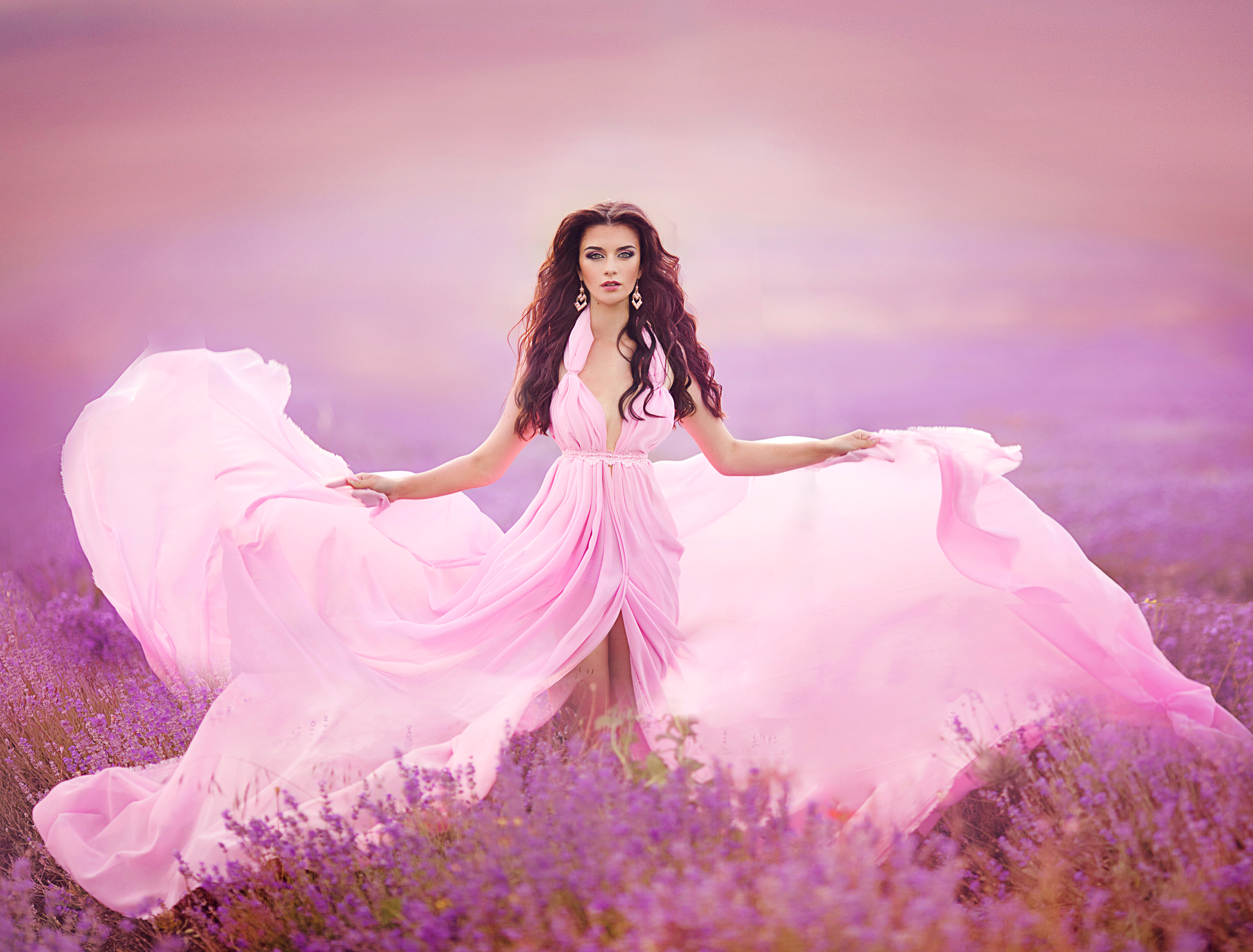 Download Earrings Pink Dress Brunette Lavender Field Woman Model Hd Wallpaper 7722