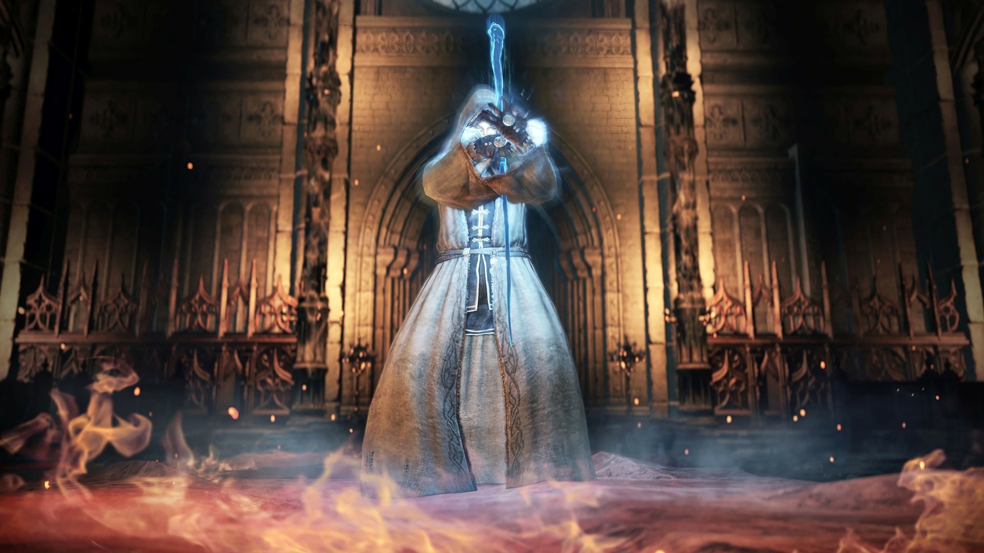4K Ultra HD Dark Souls III PC wallpaper featuring a heavily armored knight wielding a glowing sword, set against a fiery, gothic cathedral backdrop.