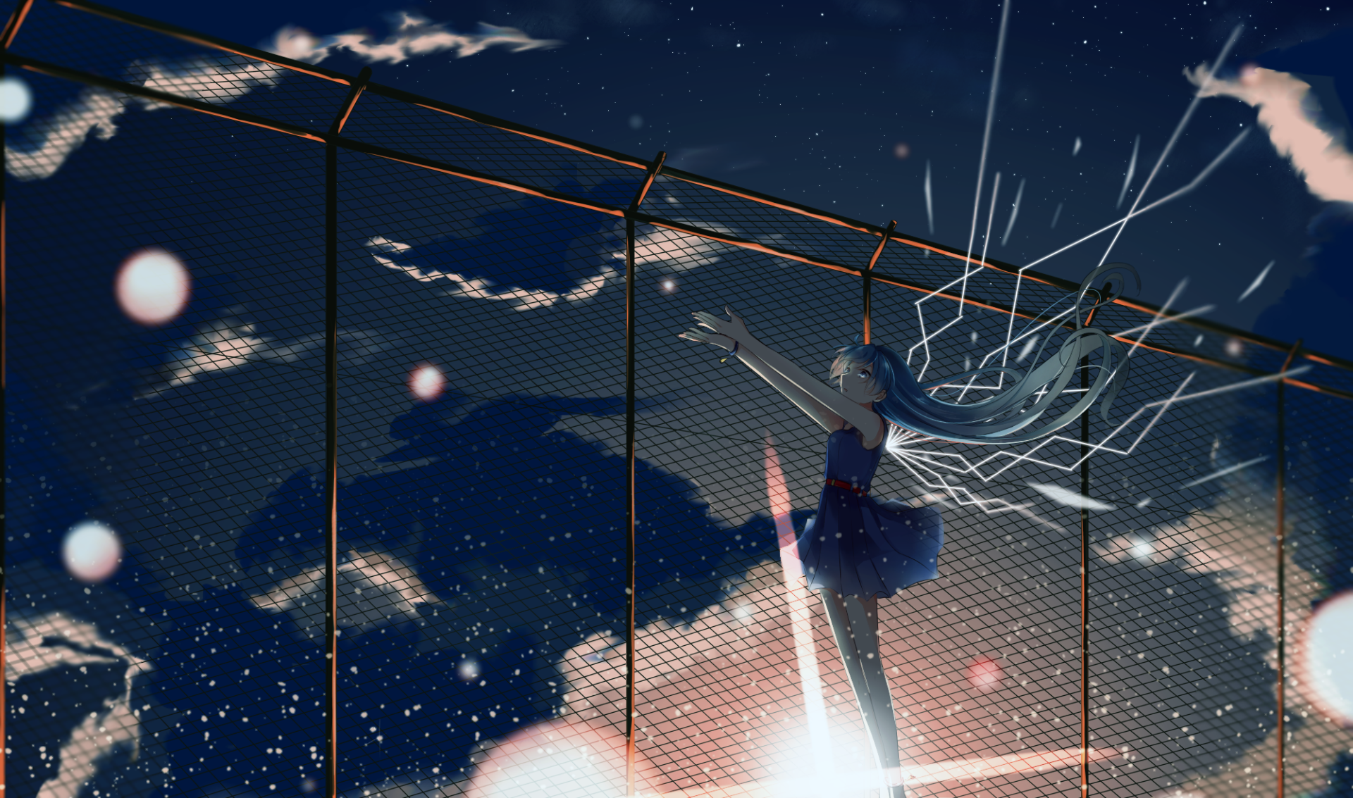 A vibrant HD wallpaper featuring Hatsune Miku, the iconic Vocaloid character, standing against a cosmic backdrop, expressing joy with a dynamic pose and flowing hair.