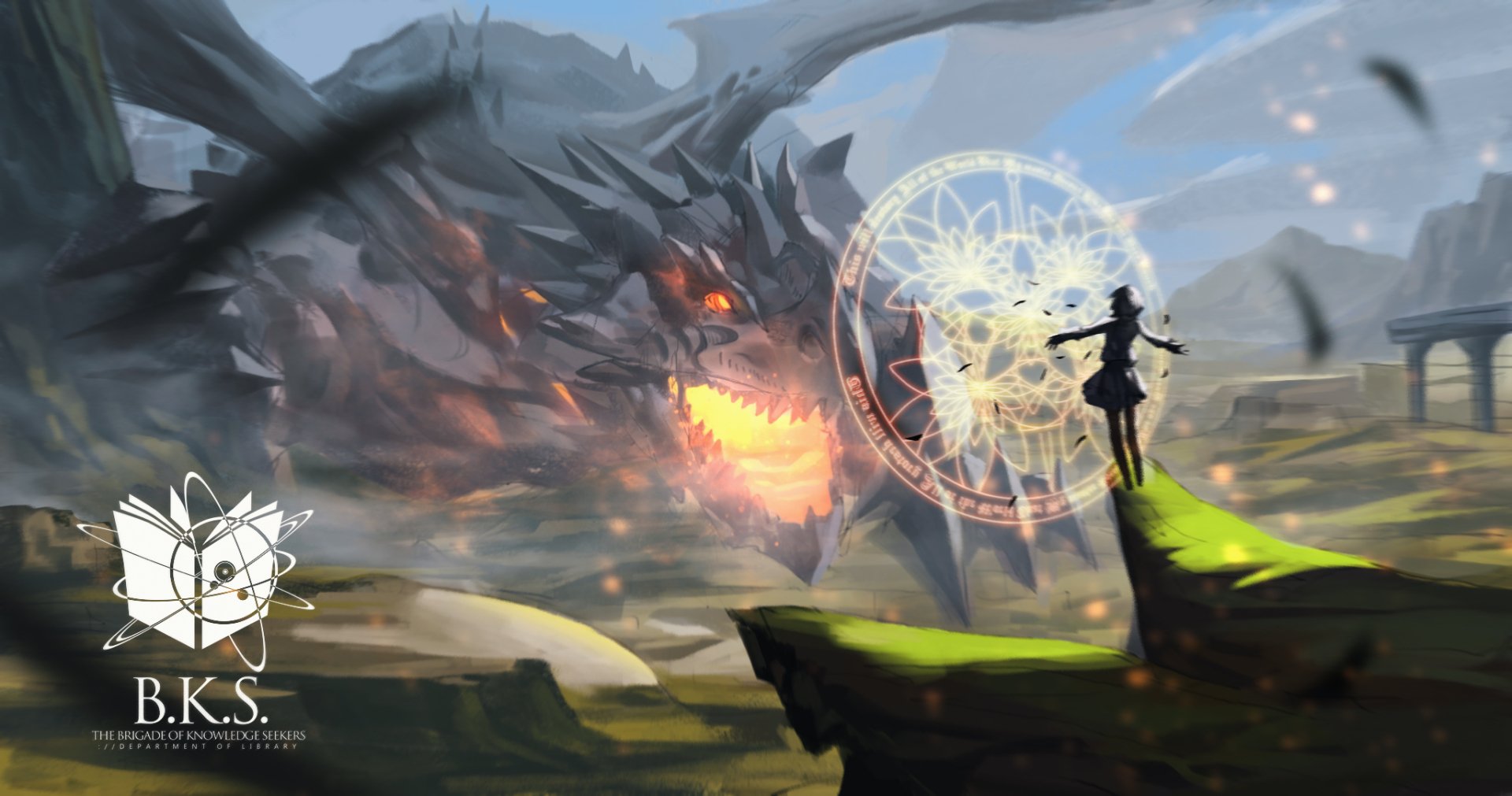 Anime-style HD PC desktop wallpaper from Pixiv Fantasia T, featuring a dramatic scene with a glowing dragon and a figure casting a magical spell on a cliff.