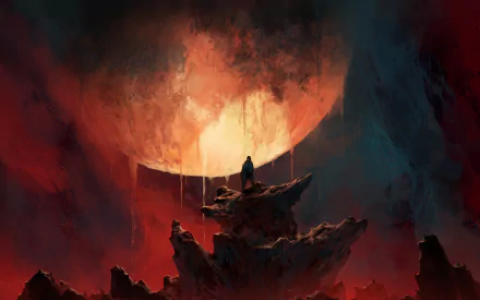 A stunning HD fantasy wallpaper featuring a towering rocky landscape under a large, glowing moon, casting vibrant shades of red and deep blue across the scene.