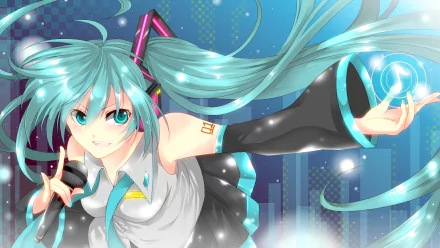 Anime character Hatsune Miku with blue hair and eyes, holding a microphone, wears a skirt and poses energetically. A vibrant HD wallpaper featuring Vocaloid themes.