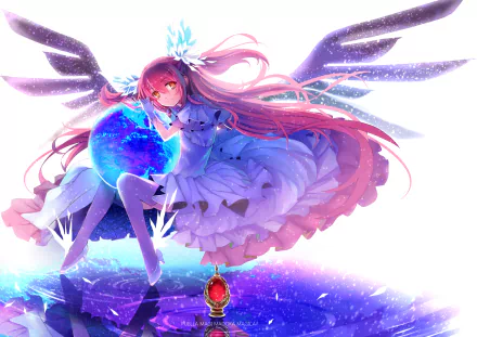 An HD wallpaper featuring Ultimate Madoka from Puella Magi Madoka Magica, showcasing her ethereal presence with flowing pink hair and celestial wings against a vibrant cosmic background.