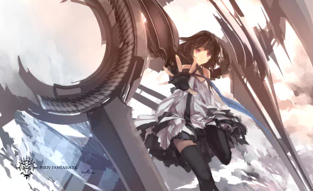 A dynamic anime scene from Pixiv Fantasia, featuring a character in a flowing outfit against a backdrop of dramatic landscapes and futuristic elements, designed as a HD desktop wallpaper.