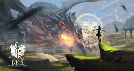 Anime-style HD PC desktop wallpaper from Pixiv Fantasia T, featuring a dramatic scene with a glowing dragon and a figure casting a magical spell on a cliff.