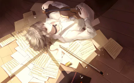 A serene anime scene featuring a character with short white hair playing the violin, surrounded by scattered sheet music. The soft lighting creates a tranquil atmosphere.