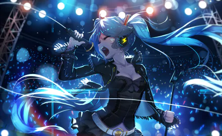 Anime-style HD desktop wallpaper featuring Hatsune Miku, a Vocaloid character, performing energetically on stage with vibrant blue lighting and background.