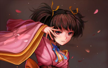 A striking HD wallpaper features Mumei from Kabaneri of the Iron Fortress, showcasing her brown twintails and red eyes, dressed in a vibrant kimono amidst falling petals.
