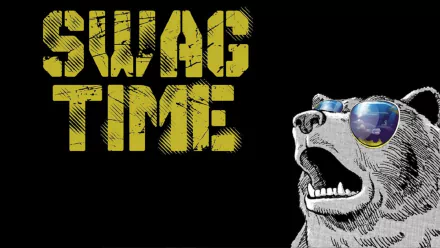 Artistic HD PC desktop wallpaper featuring the phrase SWAG TIME in bold yellow text beside a cool bear wearing reflective blue sunglasses.