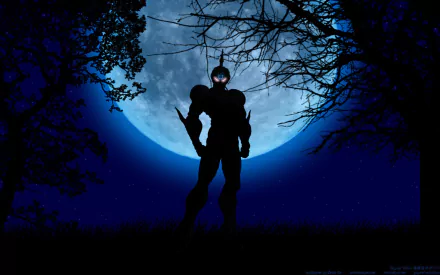 HD PC desktop wallpaper of an anime character from Guyver: The Bioboosted Armor, silhouetted against a large full moon with dark tree branches framing the scene.