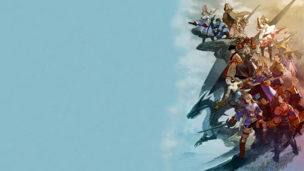 HD PC desktop wallpaper featuring art from the video game Final Fantasy Tactics, showcasing a group of diverse fantasy characters against a light blue background.