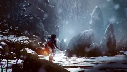 A fantasy hunter navigates a snowy landscape, holding a lantern as snowflakes fall around towering, icy stones, creating an immersive HD wallpaper experience.