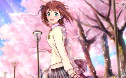 HD anime desktop wallpaper featuring Haruka Amami from The iDOLM@STER, smiling amidst blooming cherry blossoms in a soft, pastel-colored scene.