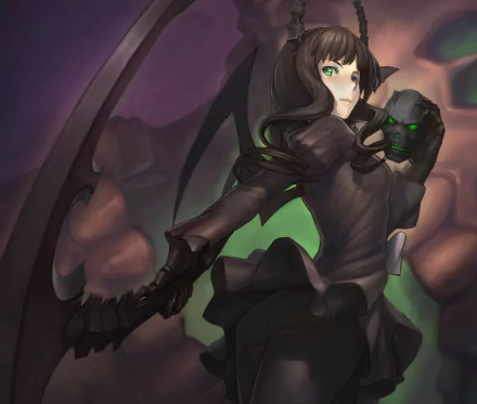 HD anime desktop wallpaper featuring Dead Master from Black Rock Shooter, depicted in dark attire with a skull-themed weapon and vibrant green accents.