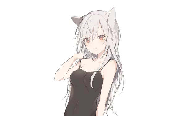 Anime girl with long white hair, orange eyes, and animal ears, wearing a dress and blushing. This HD wallpaper captures her shy expression.