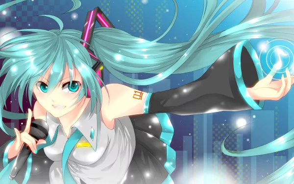 Anime character Hatsune Miku with blue hair and eyes, holding a microphone, wears a skirt and poses energetically. A vibrant HD wallpaper featuring Vocaloid themes.
