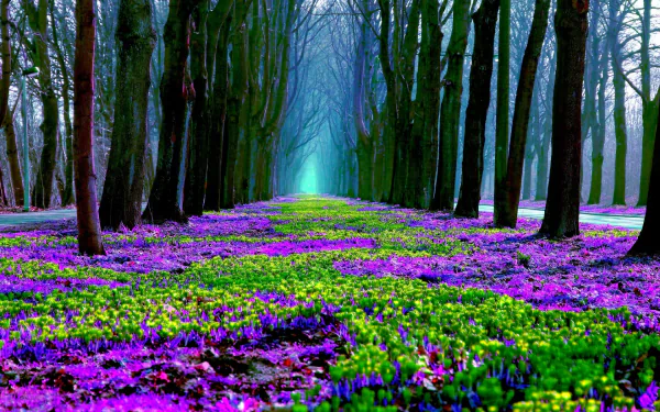 A vibrant spring forest with tall trees and a ground carpeted in purple flowers, capturing the essence of nature. This HD desktop wallpaper exudes tranquility and natural beauty.
