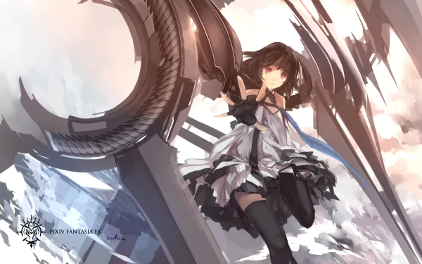 A dynamic anime scene from Pixiv Fantasia, featuring a character in a flowing outfit against a backdrop of dramatic landscapes and futuristic elements, designed as a HD desktop wallpaper.