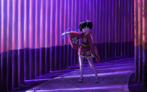 Mumei from Kabaneri of the Iron Fortress stands confidently in a vibrant, illuminated pathway, dressed in a traditional kimono, evoking a captivating anime aesthetic.