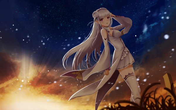 Anime Re:ZERO -Starting Life in Another World- Emilia Elfo White Hair Long Hair Skirt Thigh Highs Pointed Ears Purple Eyes Cielo Fondo de pantalla HD | Fondo de Escritorio