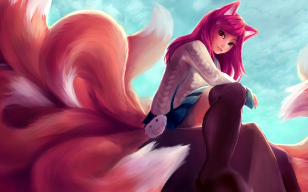 Video Game League Of Legends Ahri Tail Animal Ears Thigh Highs Skirt HD Wallpaper | Background Image