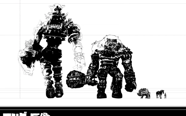 HD desktop wallpaper from the video game Shadow of the Colossus, featuring a black-and-white, sketched-style image of two colossal creatures against a plain background.