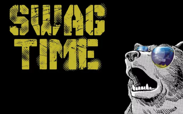 Artistic HD PC desktop wallpaper featuring the phrase SWAG TIME in bold yellow text beside a cool bear wearing reflective blue sunglasses.
