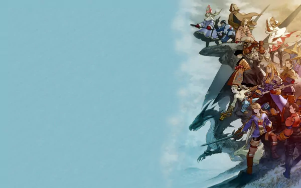 HD PC desktop wallpaper featuring art from the video game Final Fantasy Tactics, showcasing a group of diverse fantasy characters against a light blue background.